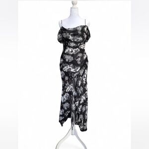 Faux lace print asymmetrical Y2K style maxi dress.